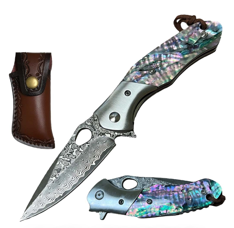 Ball Bearing Damascus Blade Pocket Knife Abalone Handle